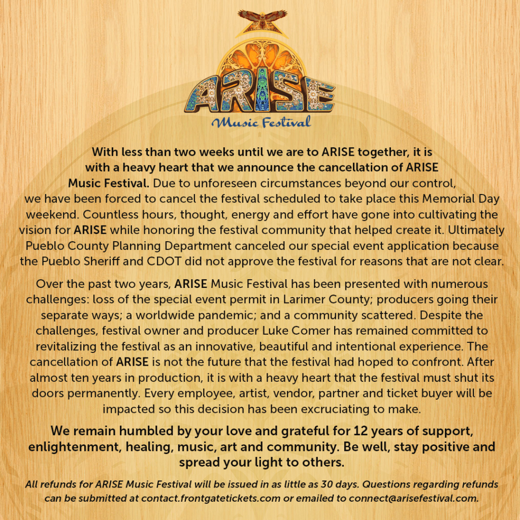 arise music festival cancellation notice 2022