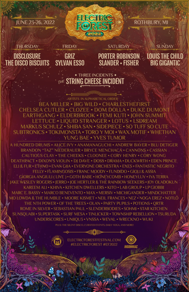 electric forest 2022 lineup poster