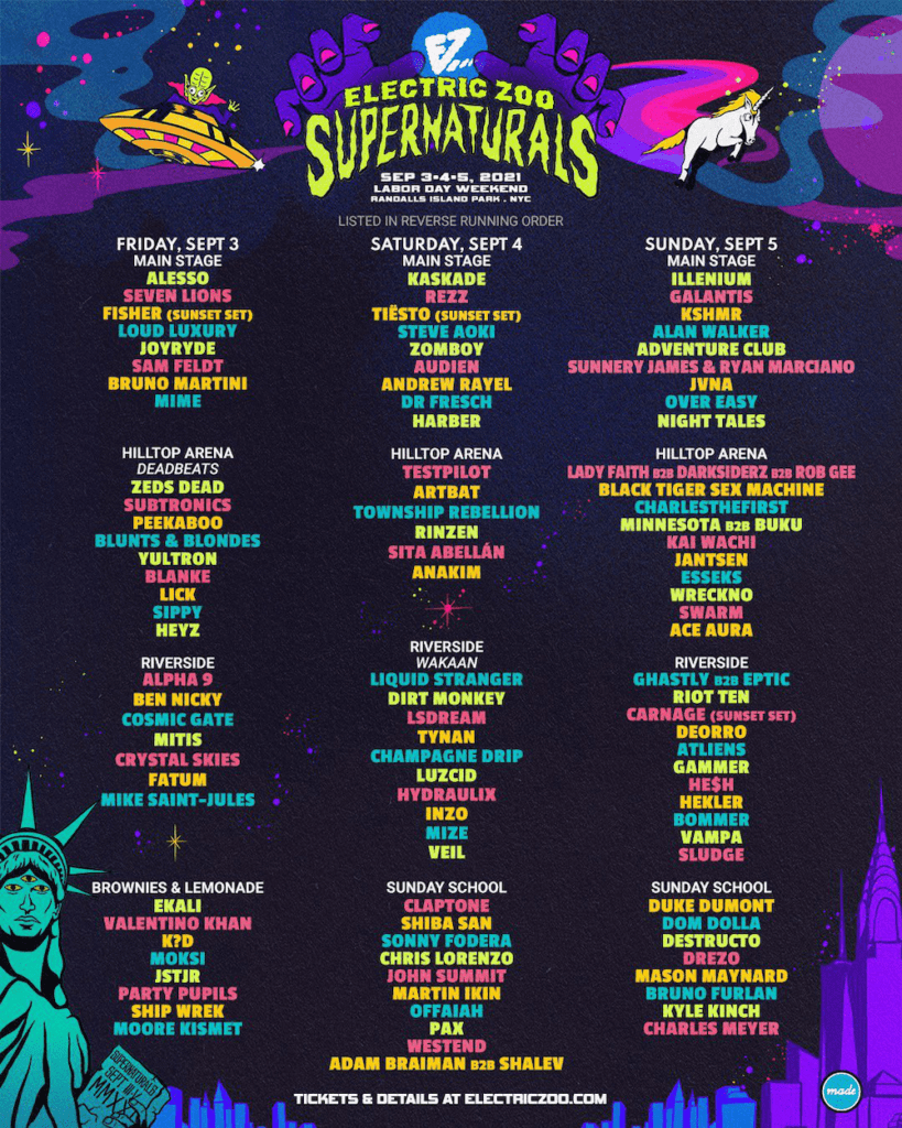 electric zoo supernaturals 2021 daily lineup poster