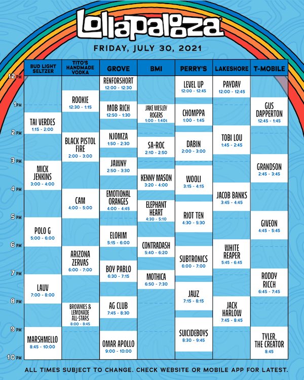 lollapalooza 2021 friday schedule lineup