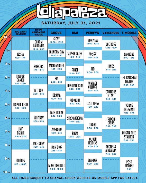 lollapalooza 2021 saturday schedule lineup